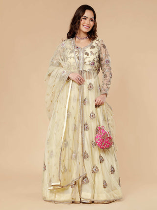 Cream lehenga set with mukaish work net jacket and zardozi blouse
