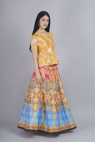Croma silk panelled skirt with sequin-embroidered peplum top.