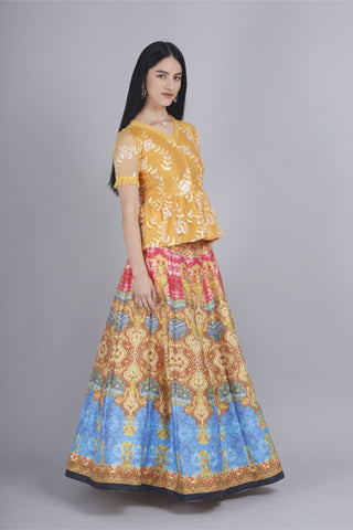 Croma silk panelled skirt with sequin-embroidered peplum top.