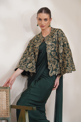 Dark Green Crepe Drape Saree with Embroidered Silk Jacket