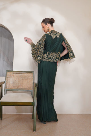 Dark Green Drape Saree with Bell Sleeves & Embroidered Jacket