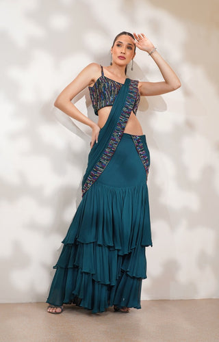 Dark Teal Georgette Layered Drape Saree with Multicolored Embroidery