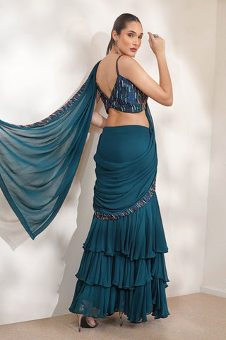 Dark Teal Georgette Saree and Blouse with Multicolored Embroidery