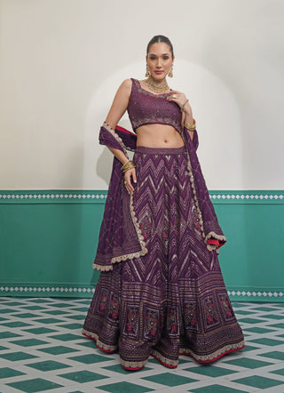 Dark Wine Zig Zag Embroidered Lehenga Set with Satin Skirt