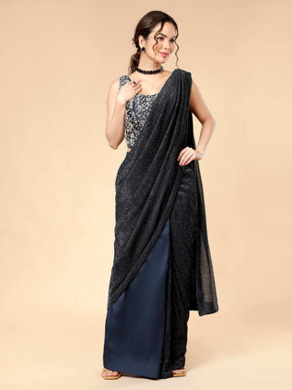 Deep blue pre-draped saree with crinkle drape and zardozi work
