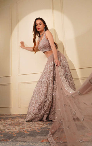 Elegant Onion Pink Lehenga with Monotone Embroidery on Blouse & Dupatta