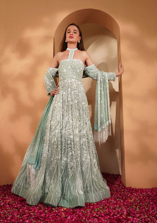 Elegant Teal Embroidered Gown with Off-Shoulder Design, Full Sleeves & Dupatta