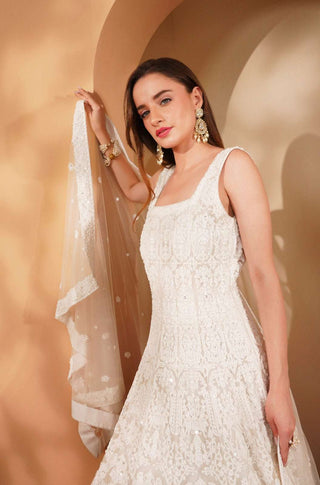 Elegant White on White Double Net Gown with Heavy Embroidery & Dupatta