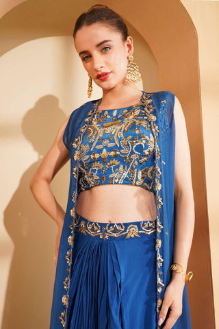 Elegant deep blue boat neck blouse with heavy embroidery and organza cape