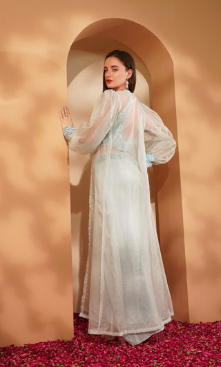 Elegant Drape Skirt with Embroidered Belt, Blouse & Organza Cape