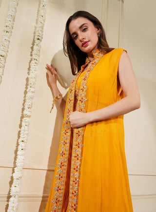 Elegant Yellow Mustard Crepe Skirt with Gota Patti Belt, Blouse & Cape