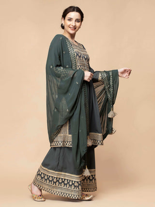 Elegant greenish grey georgette sharara set with embroidered yoke and border.
