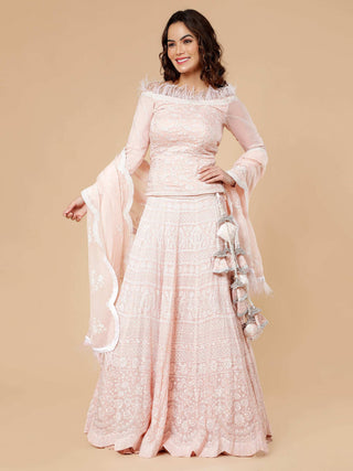 Elegant light peach corset lehenga with thread embroidery and dupatta