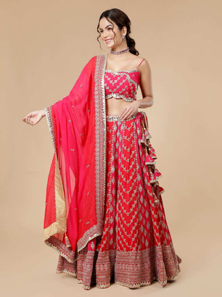 Elegant red and pink lehenga with zari work and noodle strap blouse