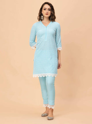 Elegant sky blue chikan co-ord set with crochet bordered top.