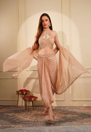 Front Pleated Drape Skirt with Embroidered Belt, Halter Neck Blouse & Georgette Dupatta