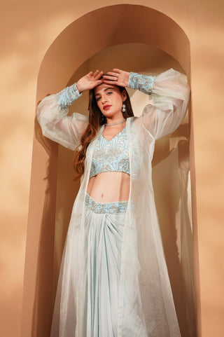 Front Pleated Skirt & Embroidered Blouse with Organza Cape & Cuff Sleeves