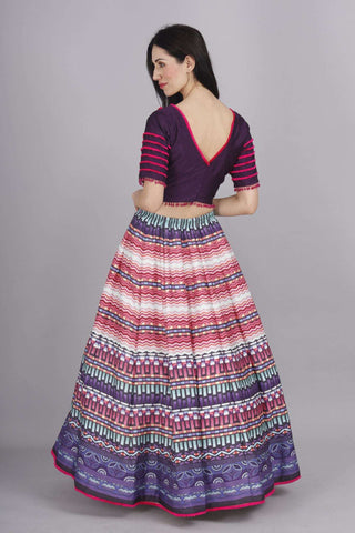Geometric printed skirt with thread lace crop top and organza dupatta