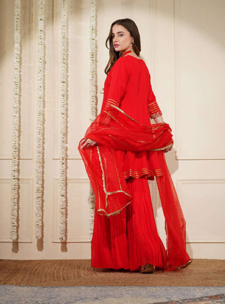 Georgette Red Peplum Kurta, Embroidered Sharara & Gota Dupatta