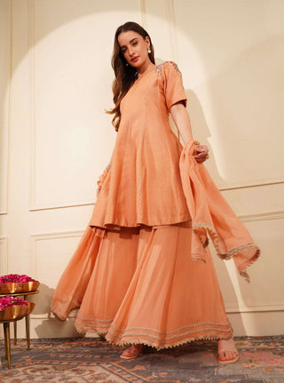 Georgette Sharara Set with Pearl & Stone Peplum and Pearl-Detailing Dupatta
