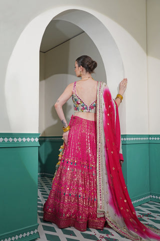 Georgette Hot Pink Lehenga with Mirror Work Blouse and Dupatta