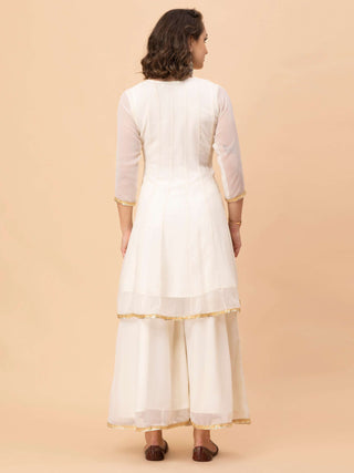 Georgette angrakha kurti with gota edging, plazzo, and embroidered dupatta.