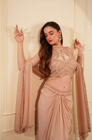 Halter Neck Blouse with Front Pleated Skirt, Embroidered Belt & Georgette Dupatta