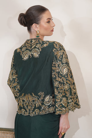 Hand Embroidered Silk Jacket with Dark Green Crepe Drape Saree