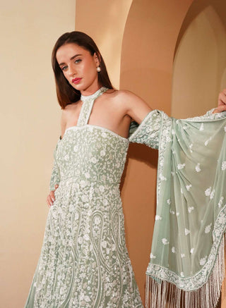 Heavy Embroidered Teal Off-Shoulder Gown with Attached Full Sleeves & Dupatta
