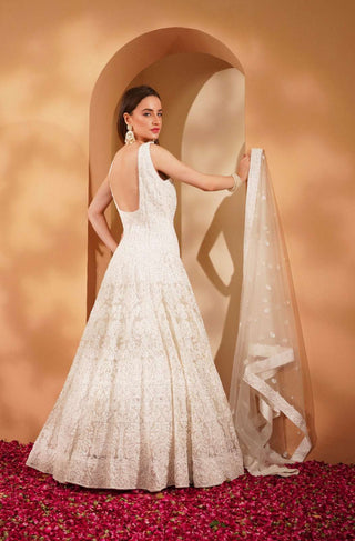 Heavy Embroidered White Double Net Gown with Dupatta for a Regal Look
