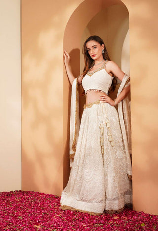 Heavy Embroidered White Georgette Lehenga with Blouse & Dupatta