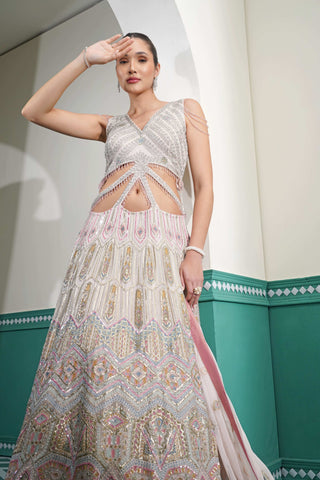 Heavy Embroidered Yoke Light Pink Georgette Dress with Waist Straps
