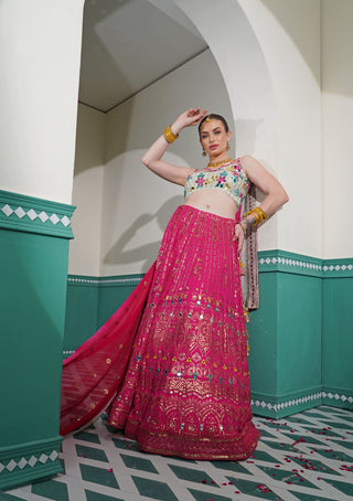 Heavy Embroidered Hot Pink Lehenga with Mirror Work Blouse & Dupatta