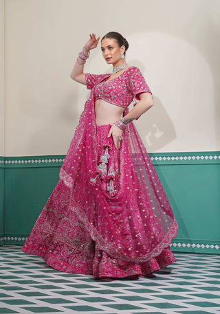 Heavy Silver Embroidered Hot Pink Georgette Lehenga with Blouse