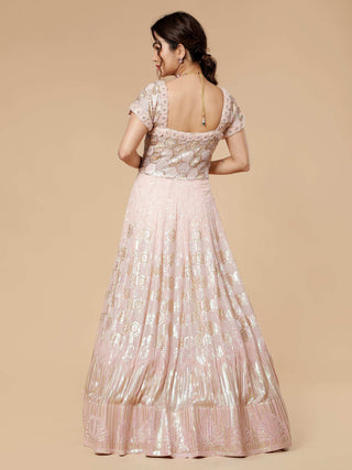 Hexagon sequin gown with hand embroidery and floral pearl neckline
