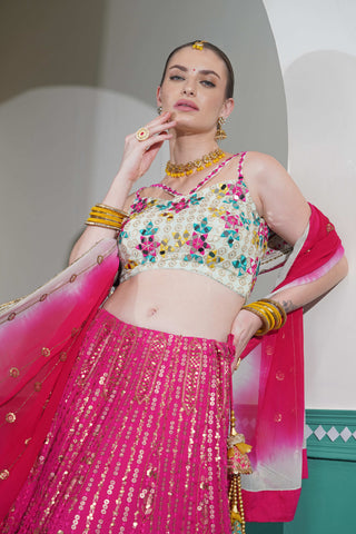 Hot Pink Embroidered Lehenga with Sea Green Mirror Work Blouse