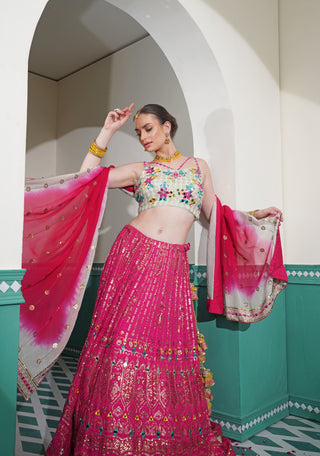 Hot Pink Georgette Lehenga with Sea Green Mirror Work Blouse