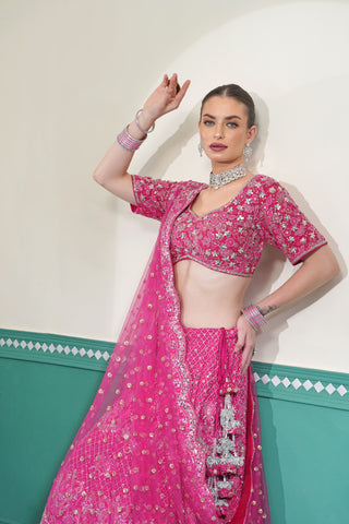 Hot Pink Georgette Lehenga with Silver Embroidered Blouse and Dupatta