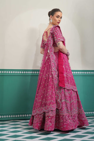 Hot Pink Georgette Lehenga with Silver Embroidery, Blouse & Dupatta