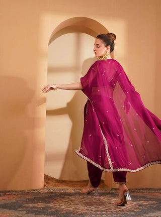 Intricately embroidered wine crepe blouse and cape with pearl & mirror work, tulip pants.