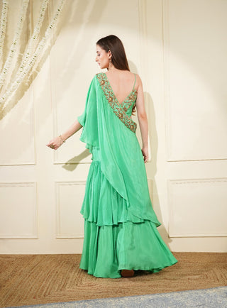 Layered Sea Green Fish Skirt with Zari Embroidery Blouse & Cape
