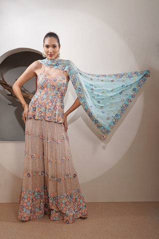 Light Fawn Georgette Sharara and Peplum with Floral Embroidery
