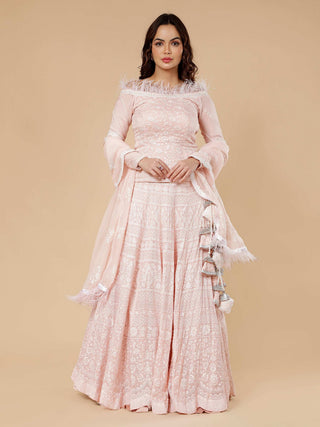 Light peach lehenga set with intricate thread work corset blouse