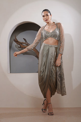Long Cape and Bustier with Abstract Mirror, Zari Embroidery & Satin Skirt
