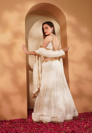 Luxurious White Georgette Lehenga Set with Embroidered Blouse & Dupatta