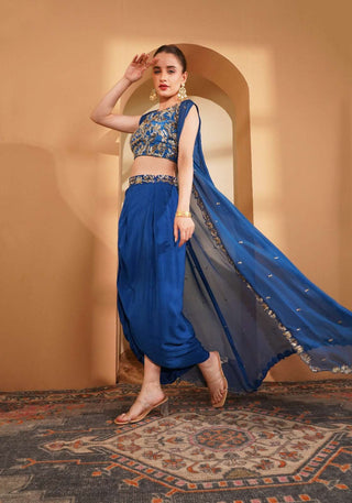 Luxury deep blue boat neck blouse with embroidered details & side pleated skirt