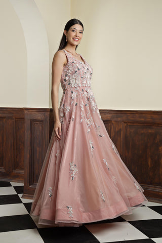 Nude Pink Net Sequins Embroidered Gown