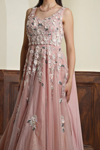 Nude Pink Net Sequins Embroidered Gown