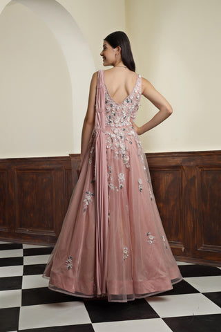 Nude Pink Net Sequins Embroidered Gown