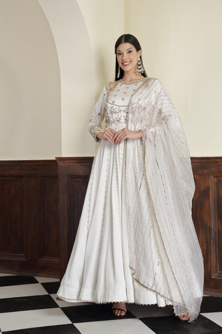 Women Embroidered Satin Fit & Flare Maxi Ethnic Dresses